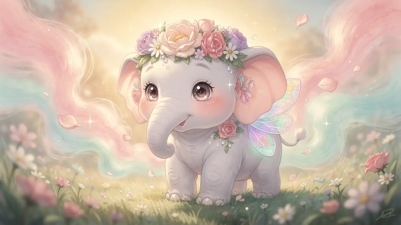 Cute baby elephant with flower crown in enchanted meadow