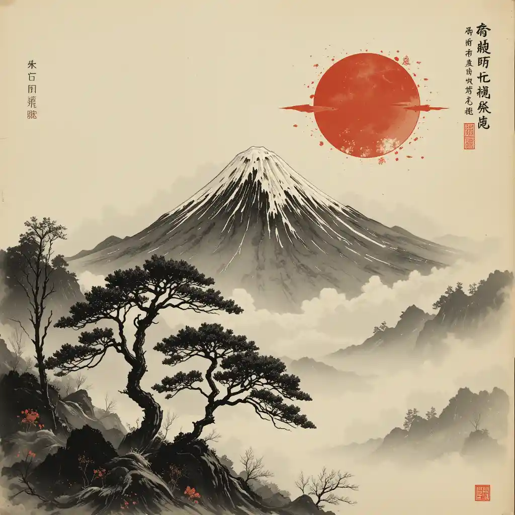 Antico dipinto giapponese a inchiostro del Monte Fuji e dei ciliegi