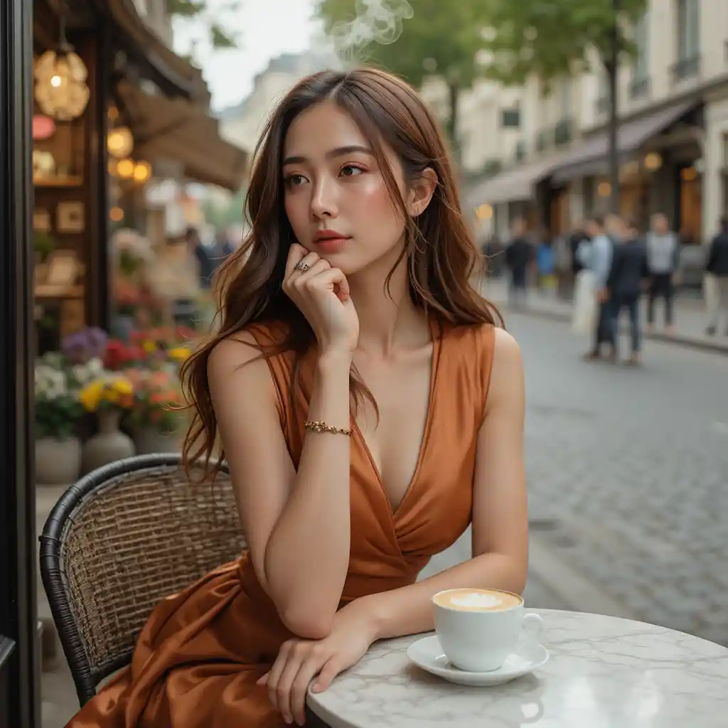 Korean woman waiting at a parisian bistro table at dusk