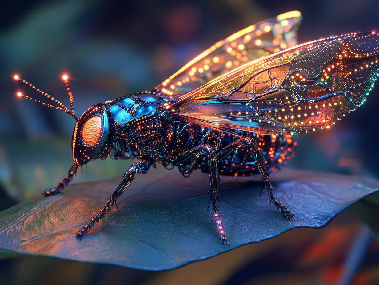 Cybernetic insect resting on a glowing metal leaf