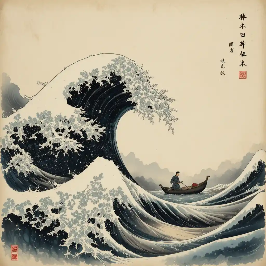 Antiga pintura japonesa em tinta de uma canoa em ondas oceânicas tempestuosas