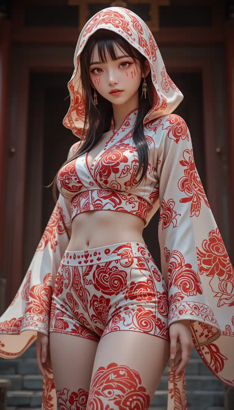 Mujer de anime con pintura roja en el rostro y capucha de seda estampada