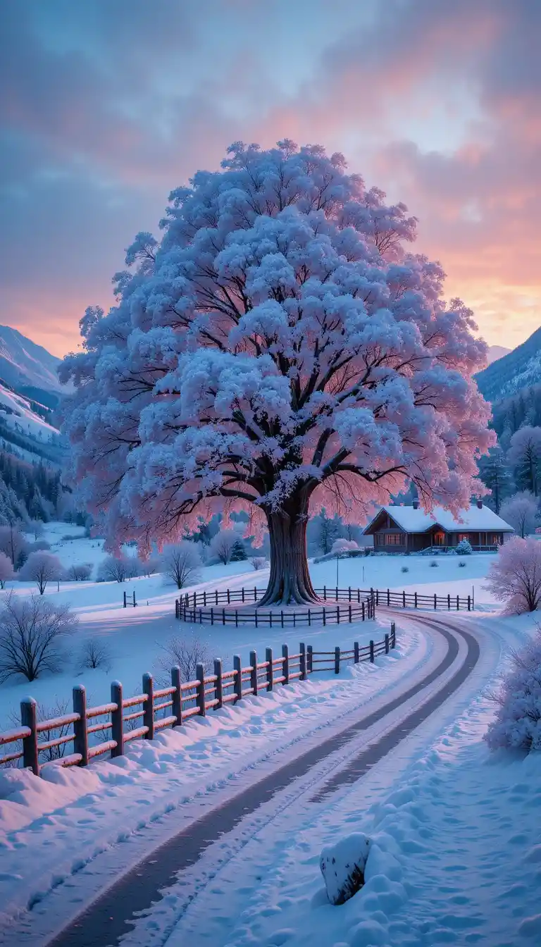 Verschneiter Baum und Straße bei winterlichem Sonnenuntergang in den Bergen