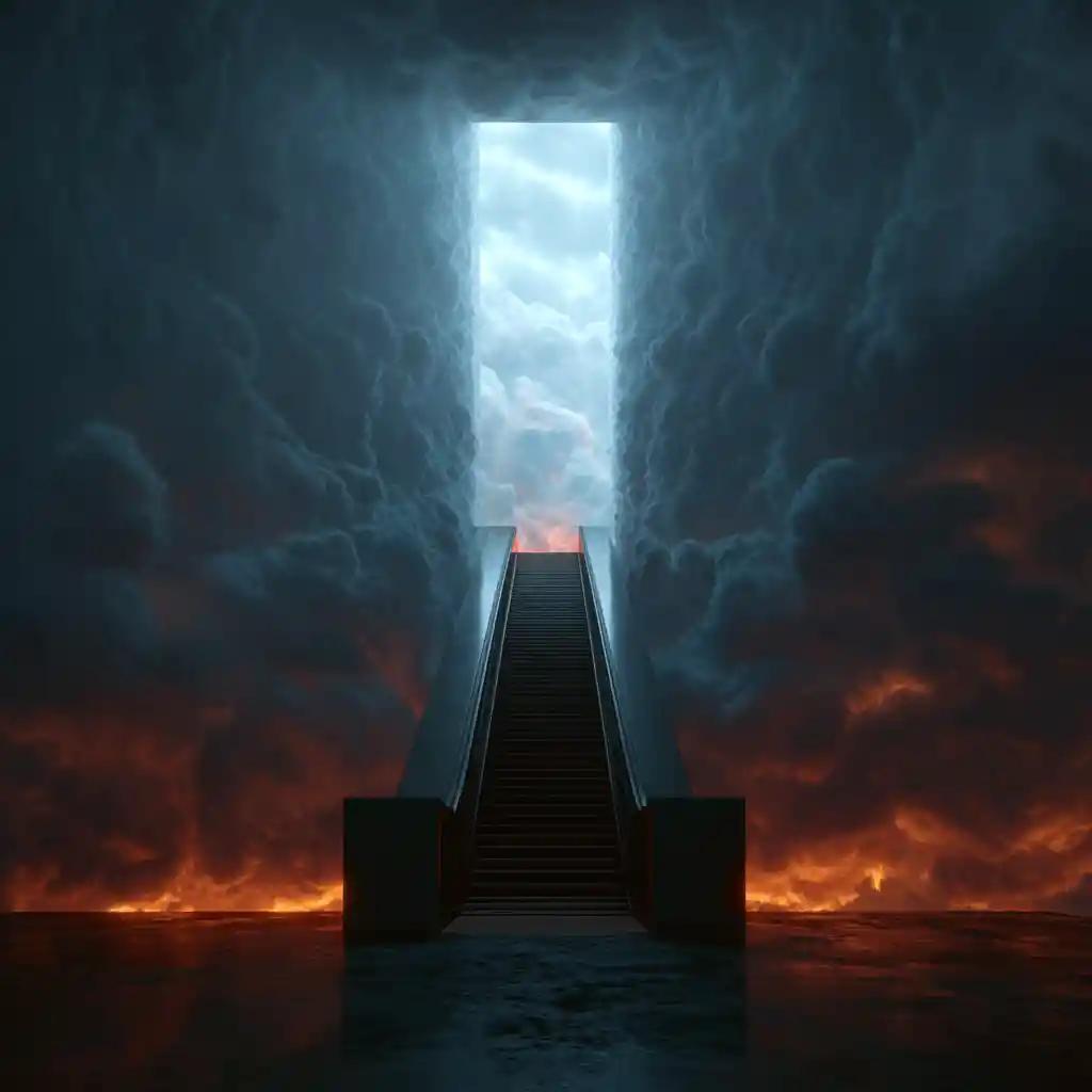 Escalator Rising From Black Floor Into The Clouds Above