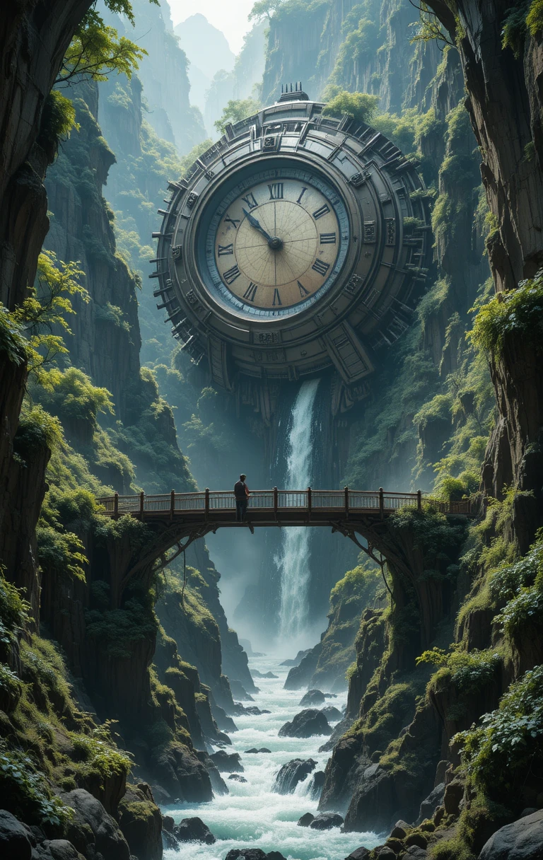 Antico orologio nel canyon sopra cascate impetuose e ponte