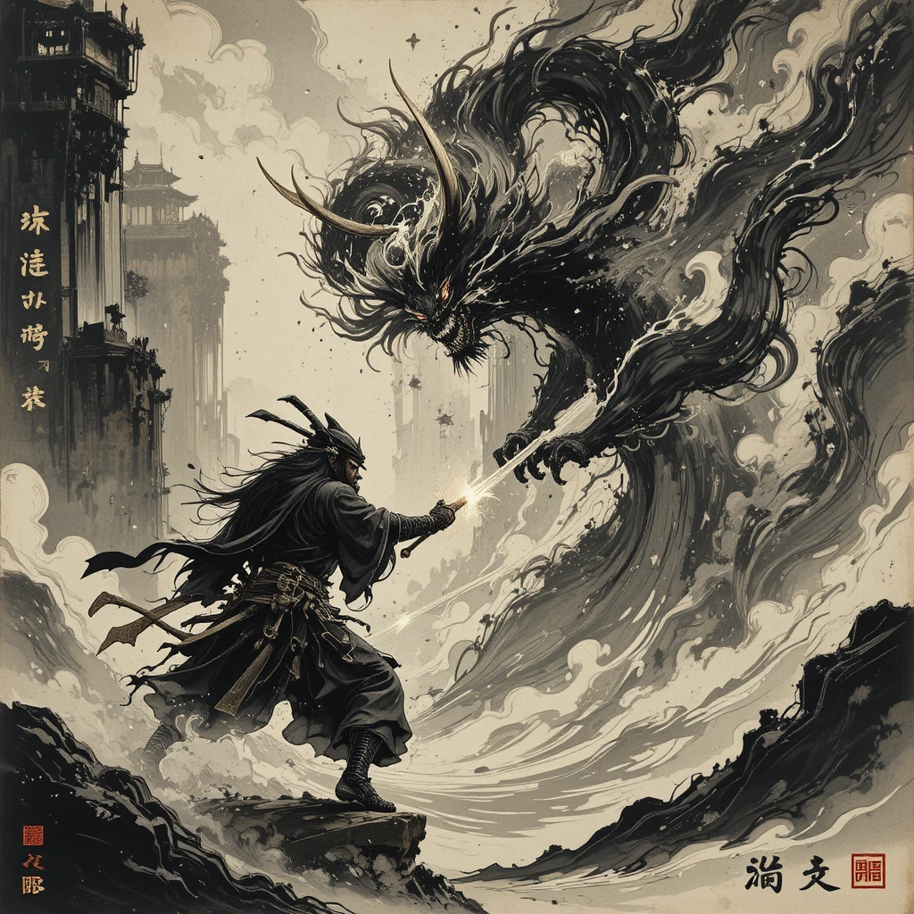 Samurai battling a fearsome oni in bold ink strokes