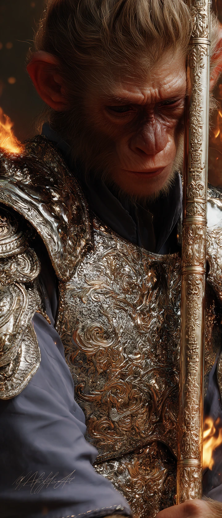 Mythic monkey warrior wielding a blazing celestial staff