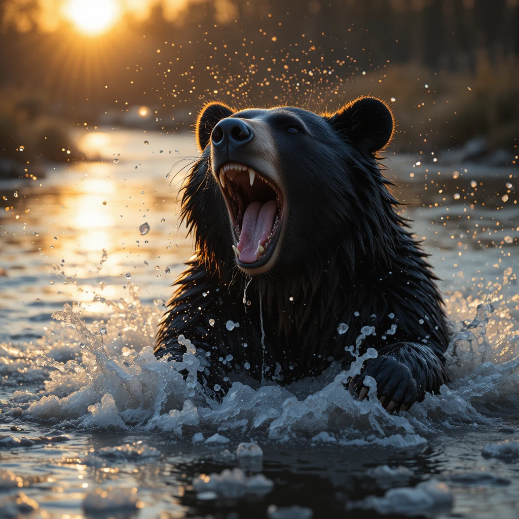 Orso nero che sbadiglia e schizza acqua giocando in un fiume al tramonto