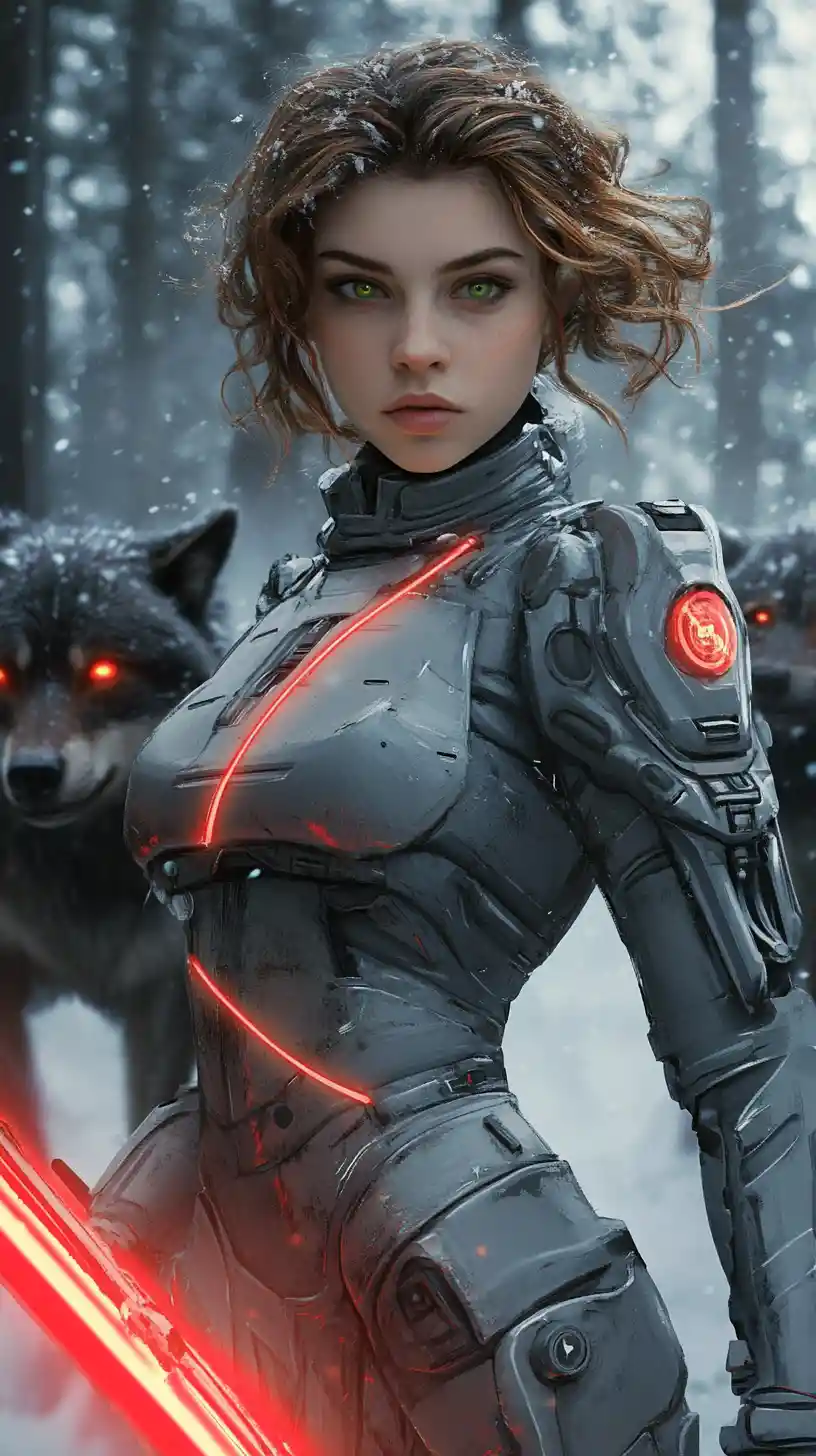Guerreira sci-fi blindada liderando lobos em floresta nevada