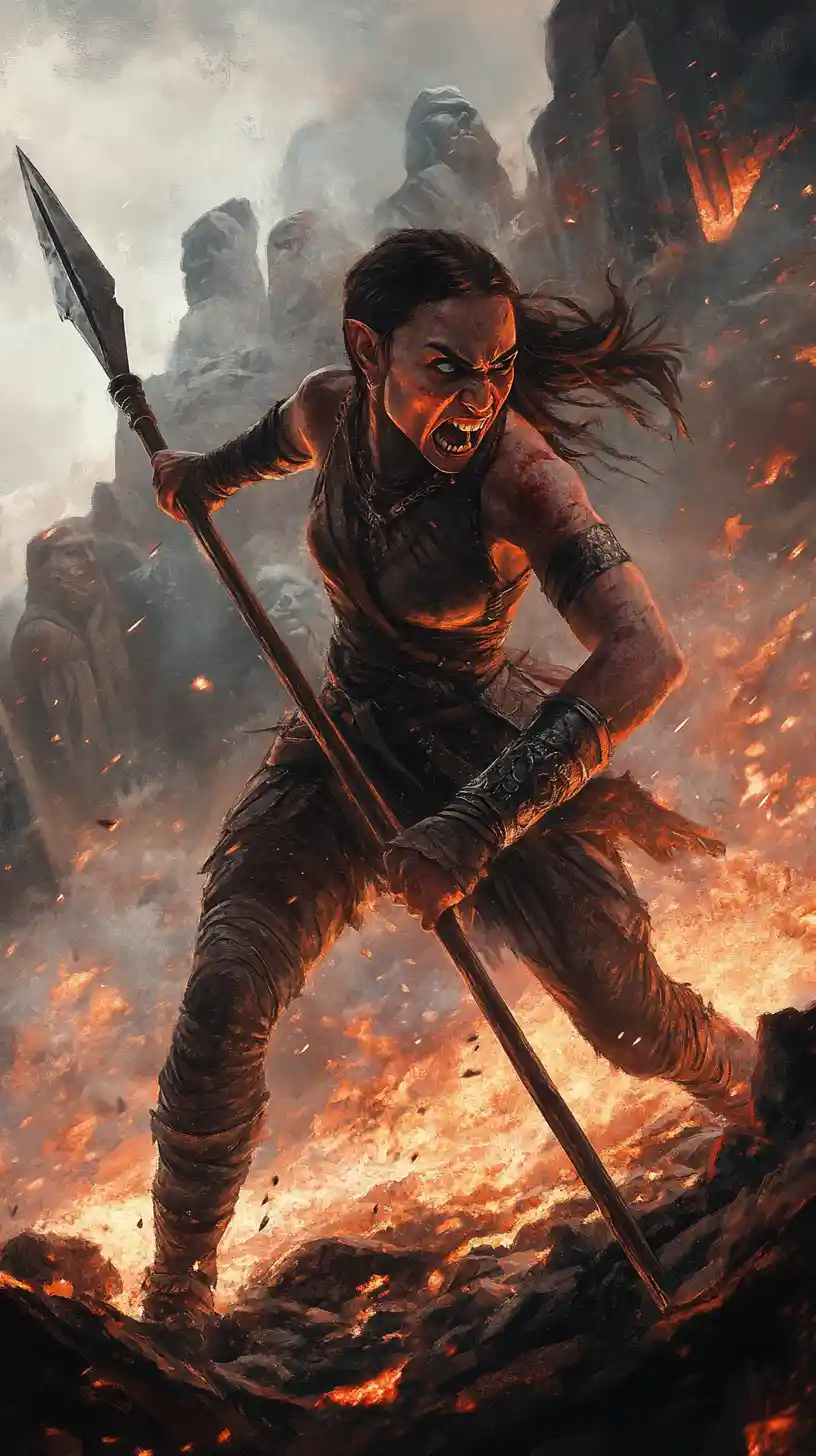 Orc warrior woman screaming with spear on burning battlefield