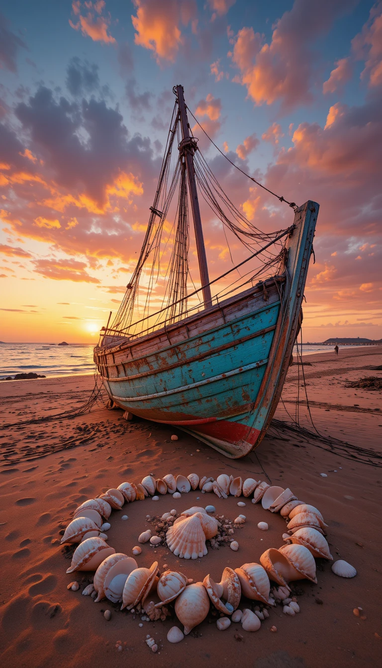 Weathered fishing boat on beach at glowing sunset
