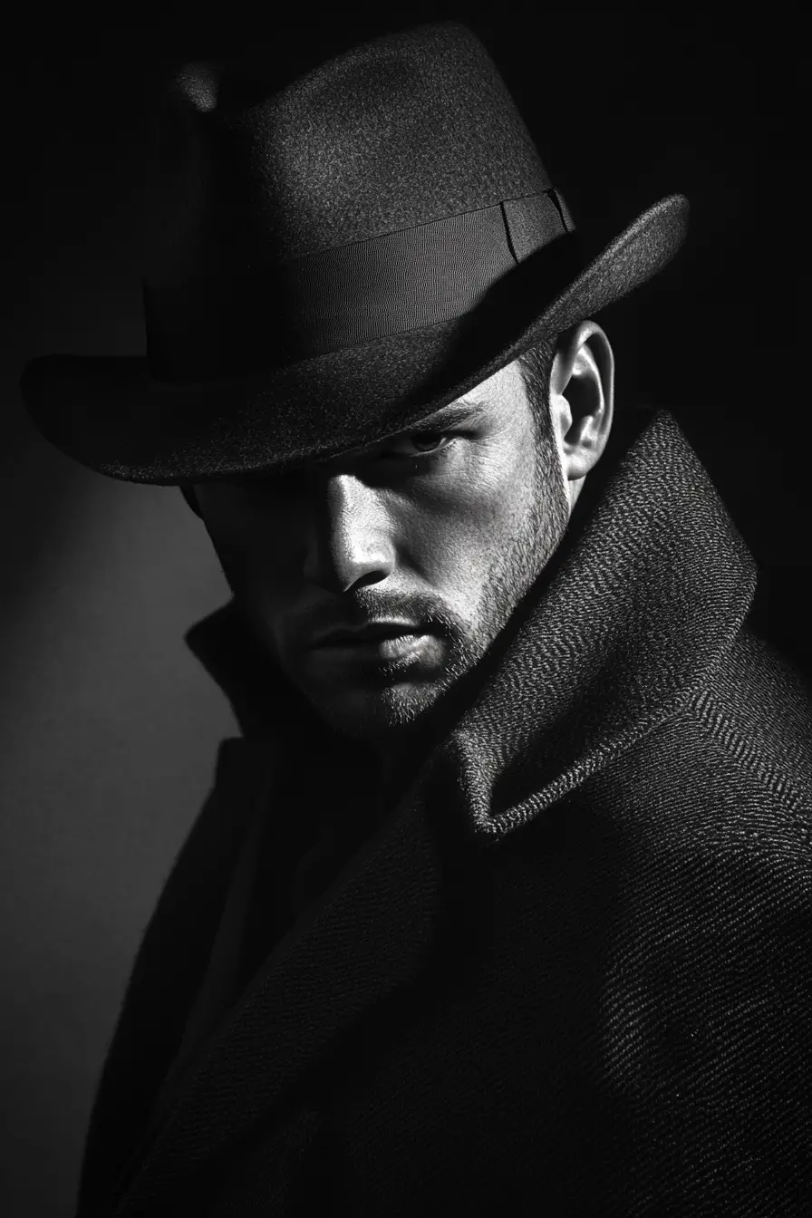 Noir black and white portrait of a classic private detective