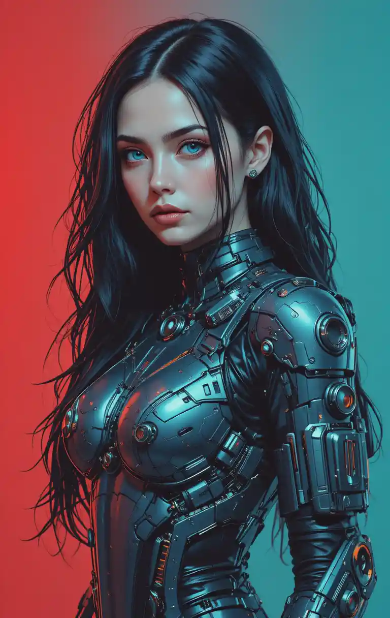 Futuristic armored woman with blue eyes in neon gradient