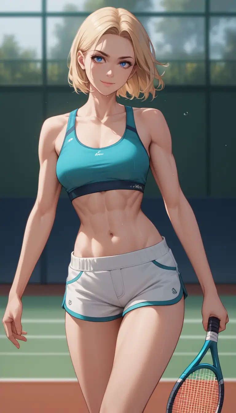 Blonde woman in sportswear on indoor tennis court