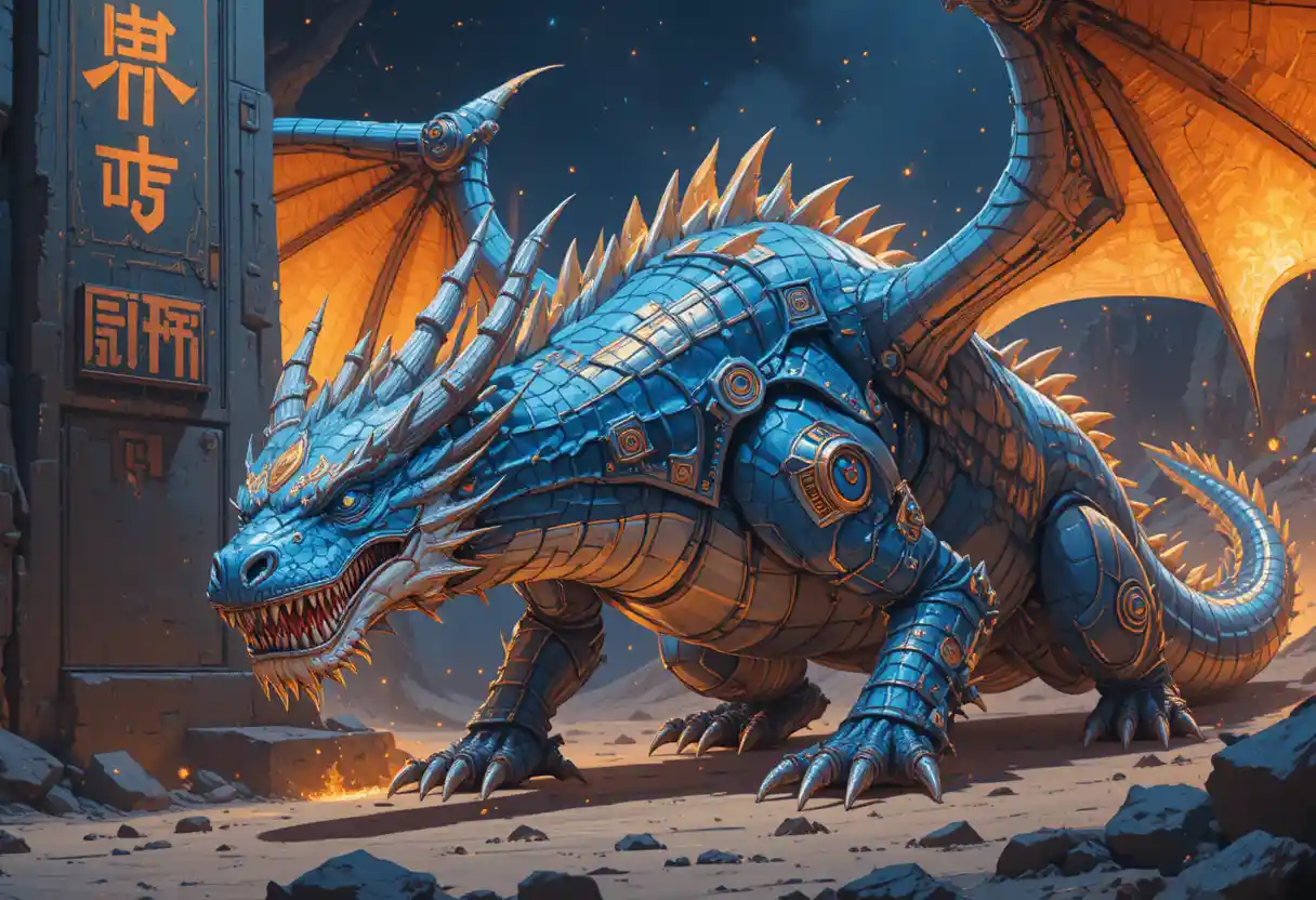 Fierce rune covered dragon guarding sandstone block in desert