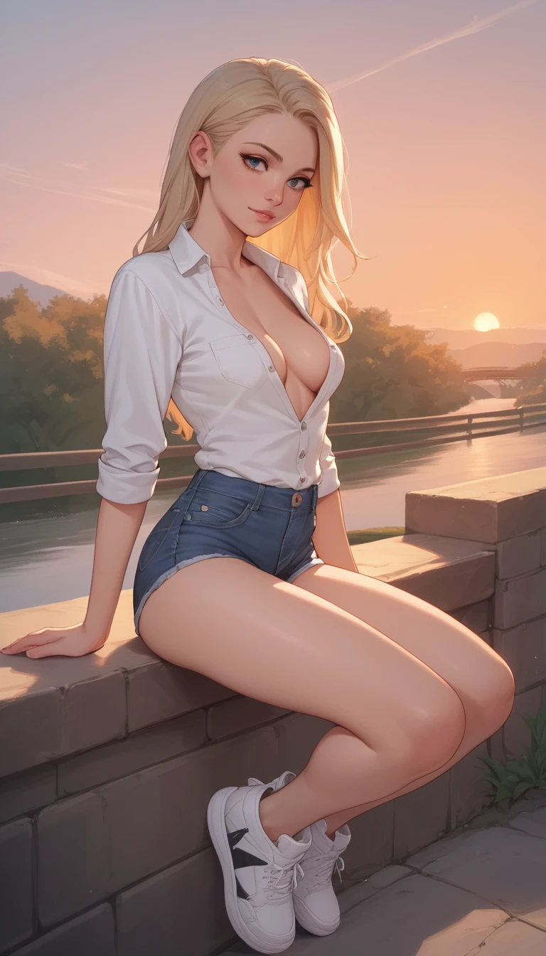 Blonde anime girl under a bridge at warm sunset
