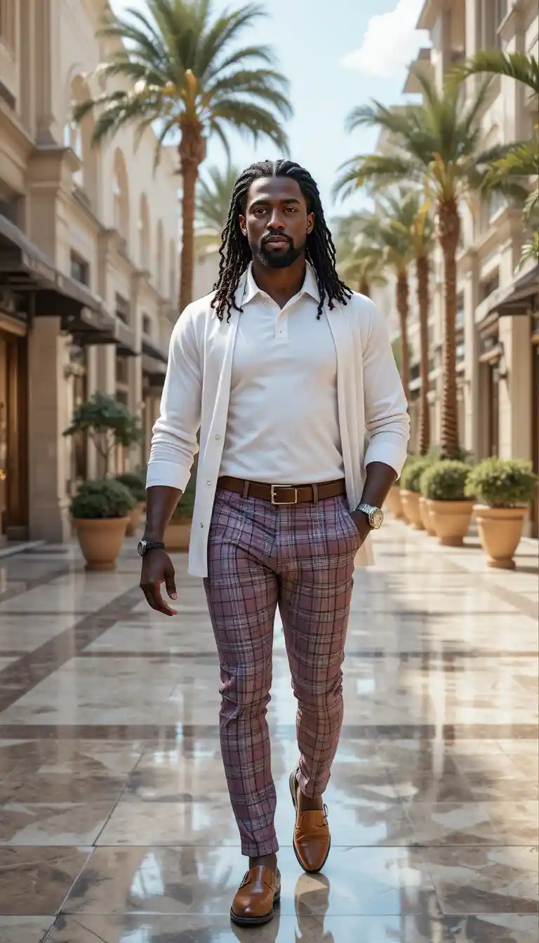 Confident stylish king walking through luxury plaza