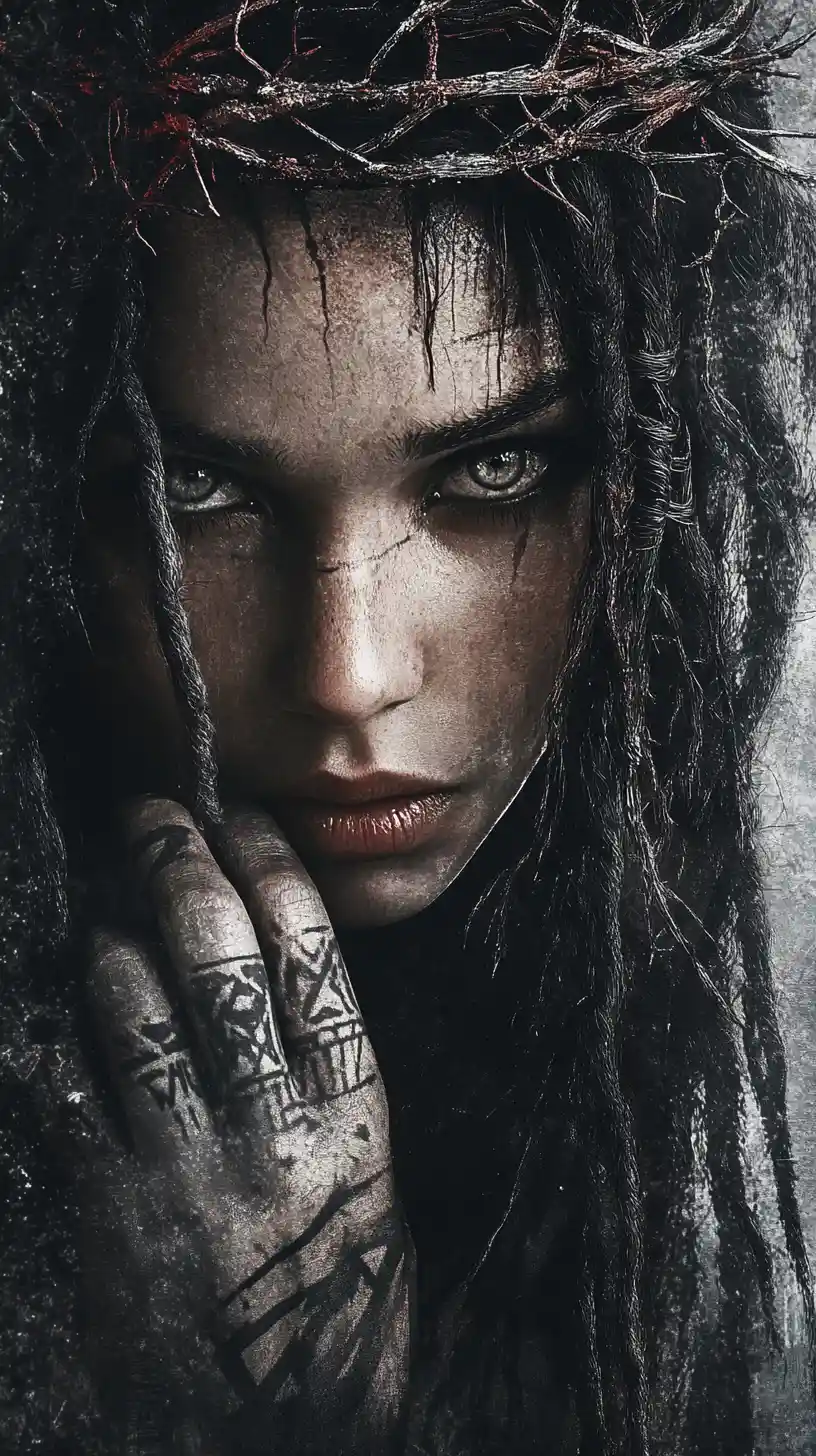 Tribal tattooed woman with thorn crown in dramatic portrait