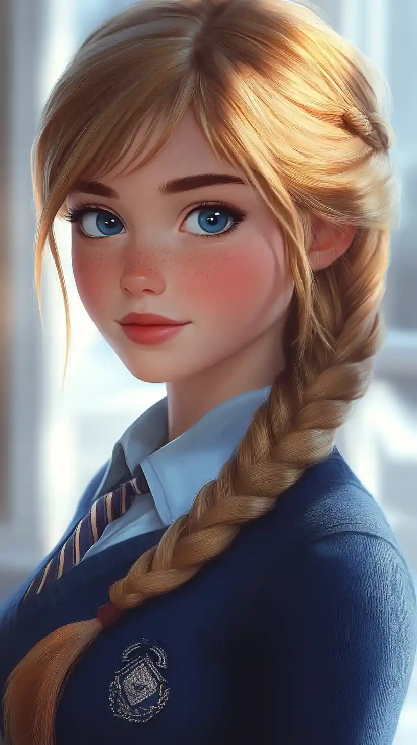 Retrato de colegiala rubia con suave brillo azul de cuento de hadas