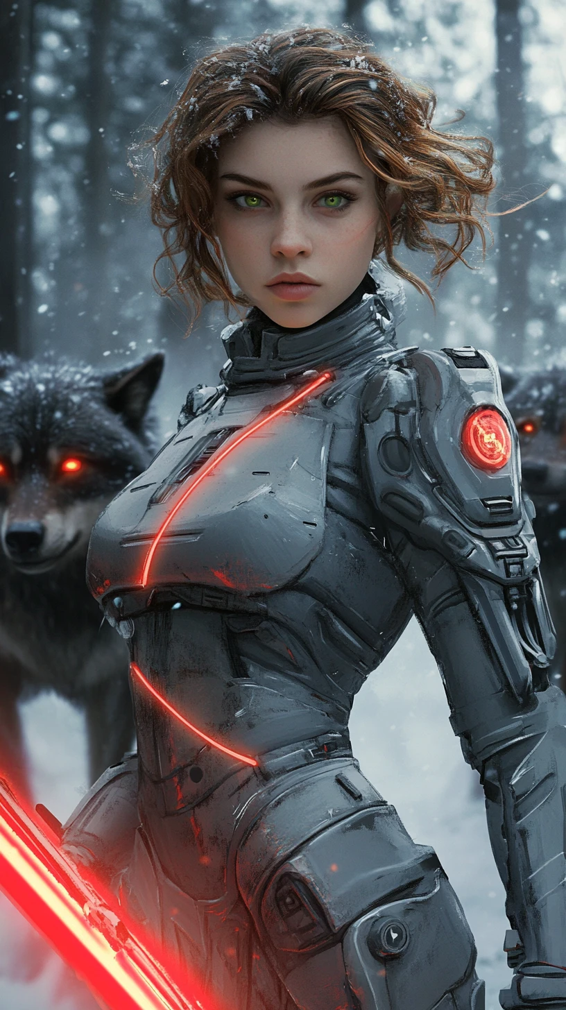 Guerreira sci-fi blindada liderando lobos em floresta nevada