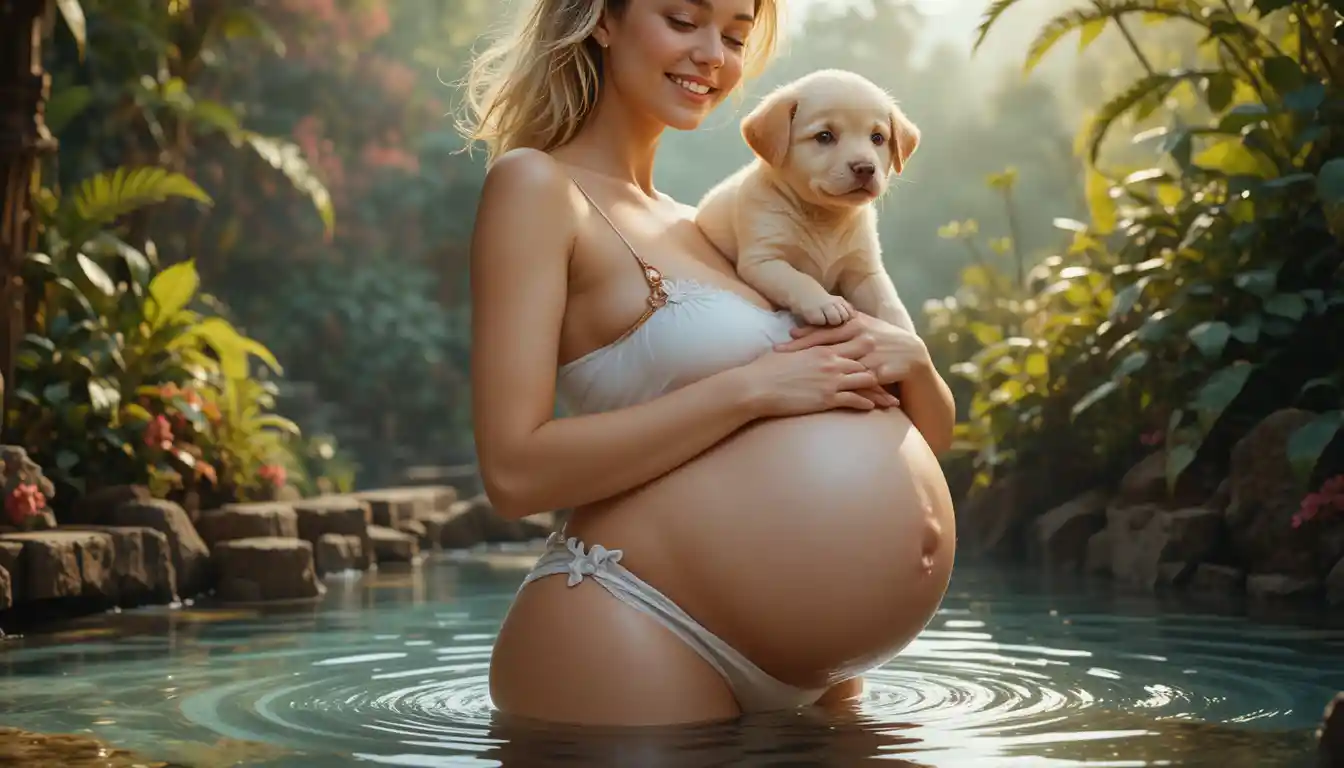 Pregnant woman in white bikini cuddling puppy at hot springs