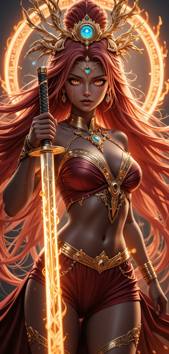 Anime warrior woman with glowing katana in battle stance