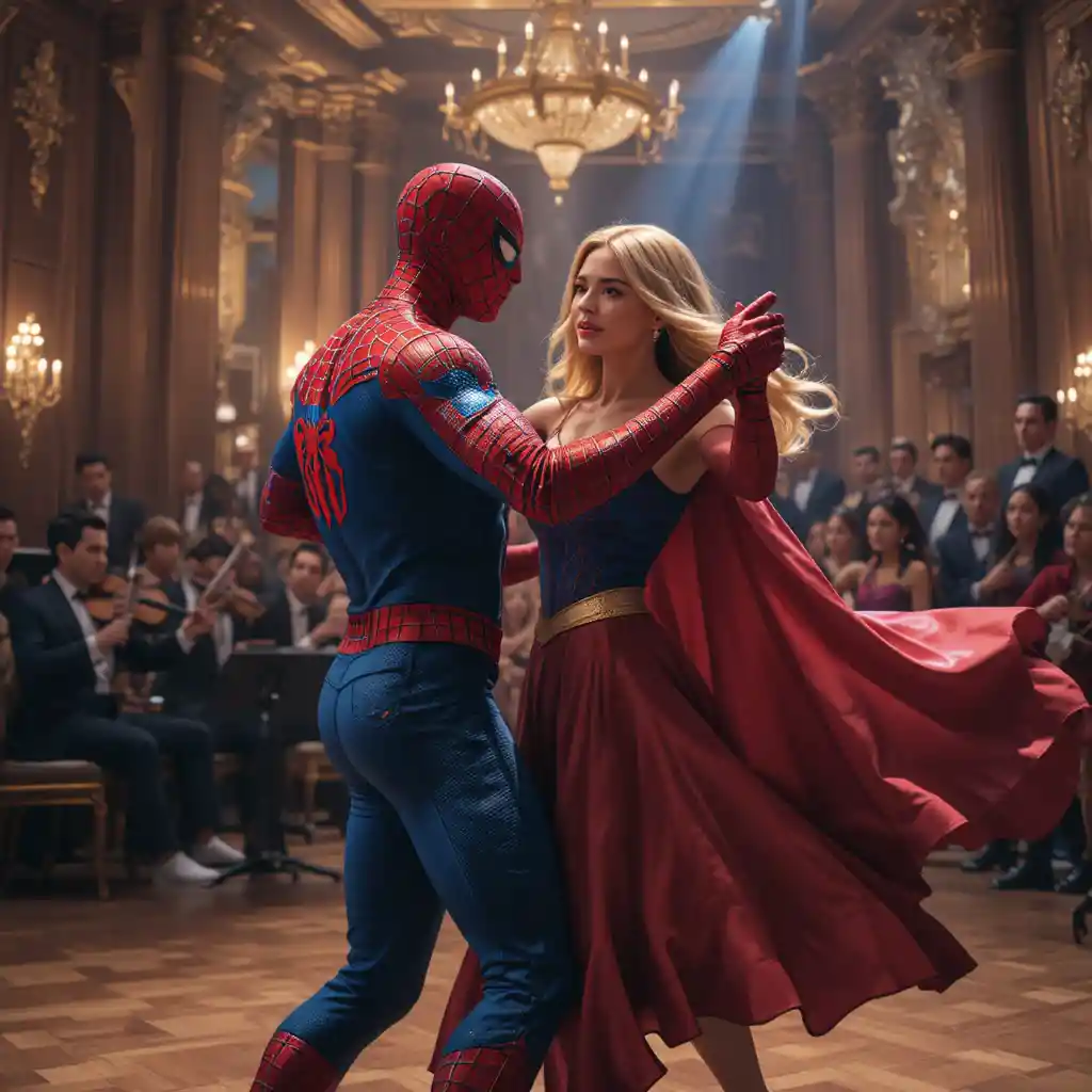 Héros à thème araignée dansant avec une héroïne volante dans un ballroom