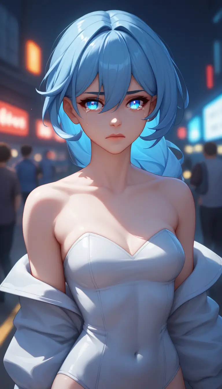 Blue haired anime girl in swimsuit in a school hallway