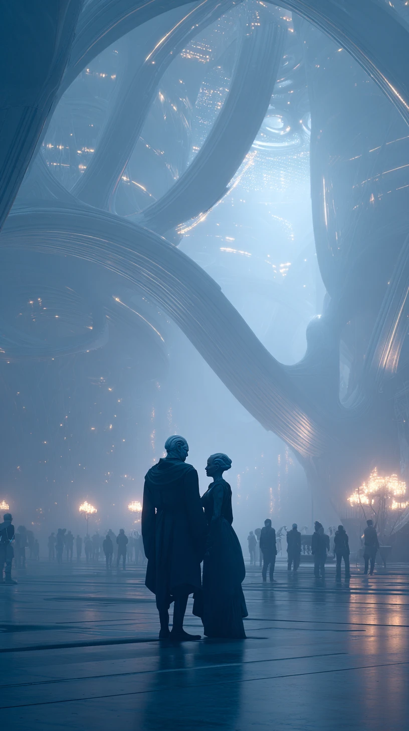 Alien man and human woman in misty sci fi pavilion