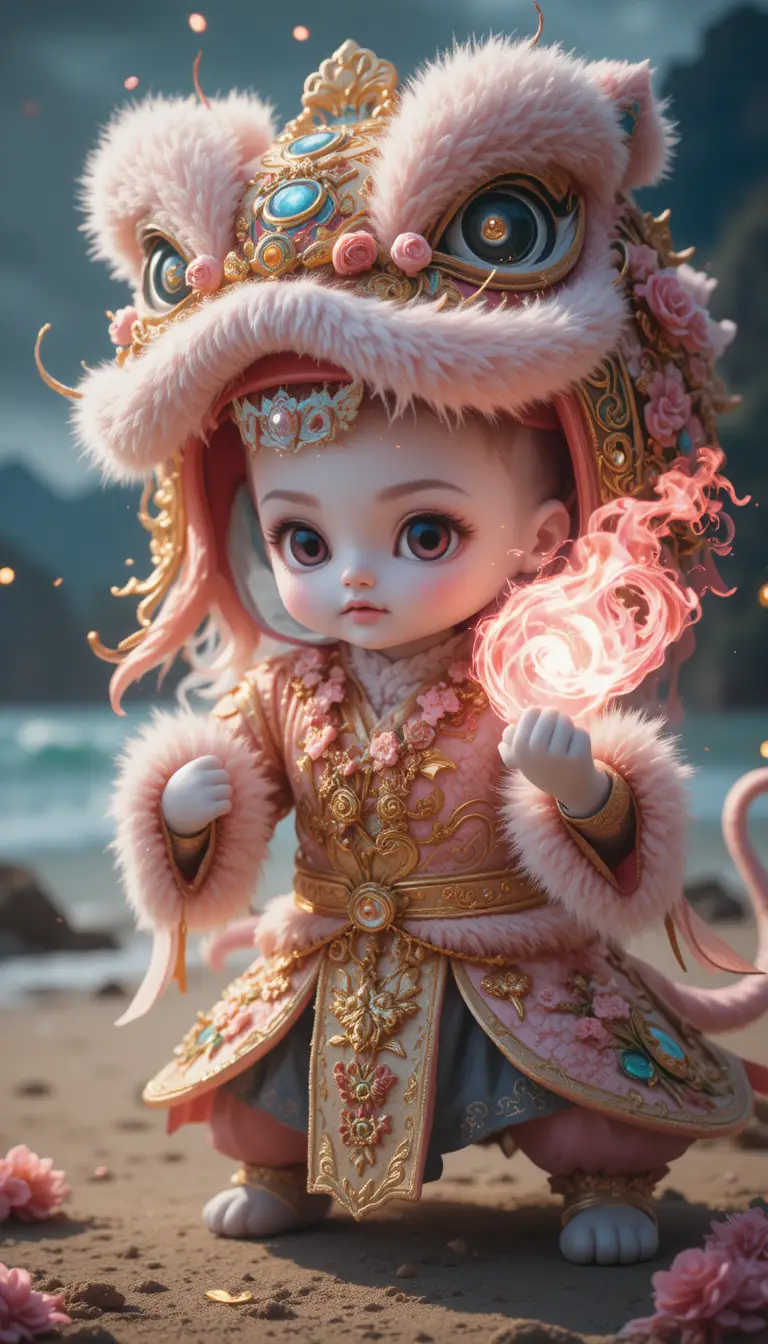 Hello Kitty in lion dance armor summoning pink flame