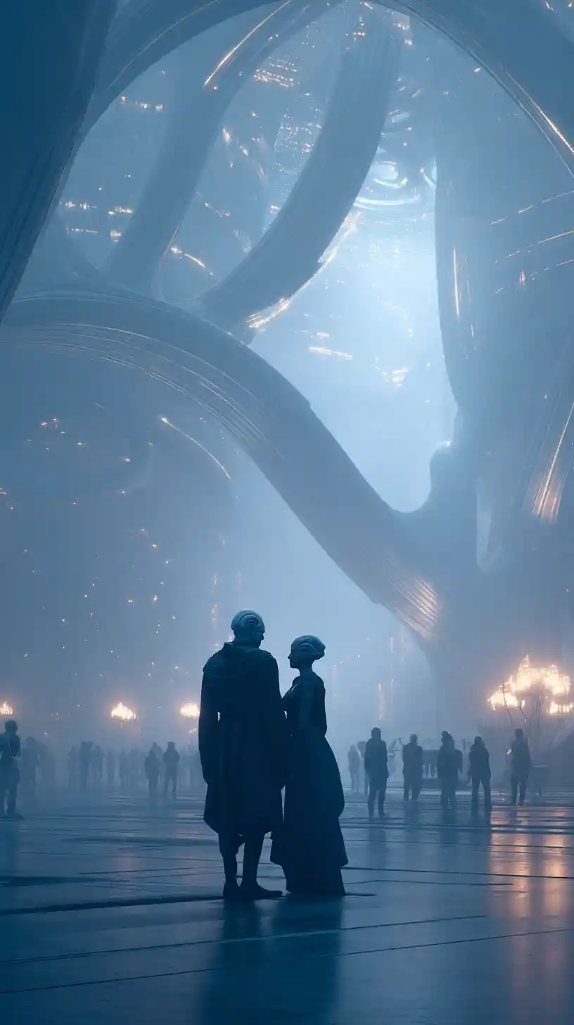 Alien man and human woman in misty sci fi pavilion