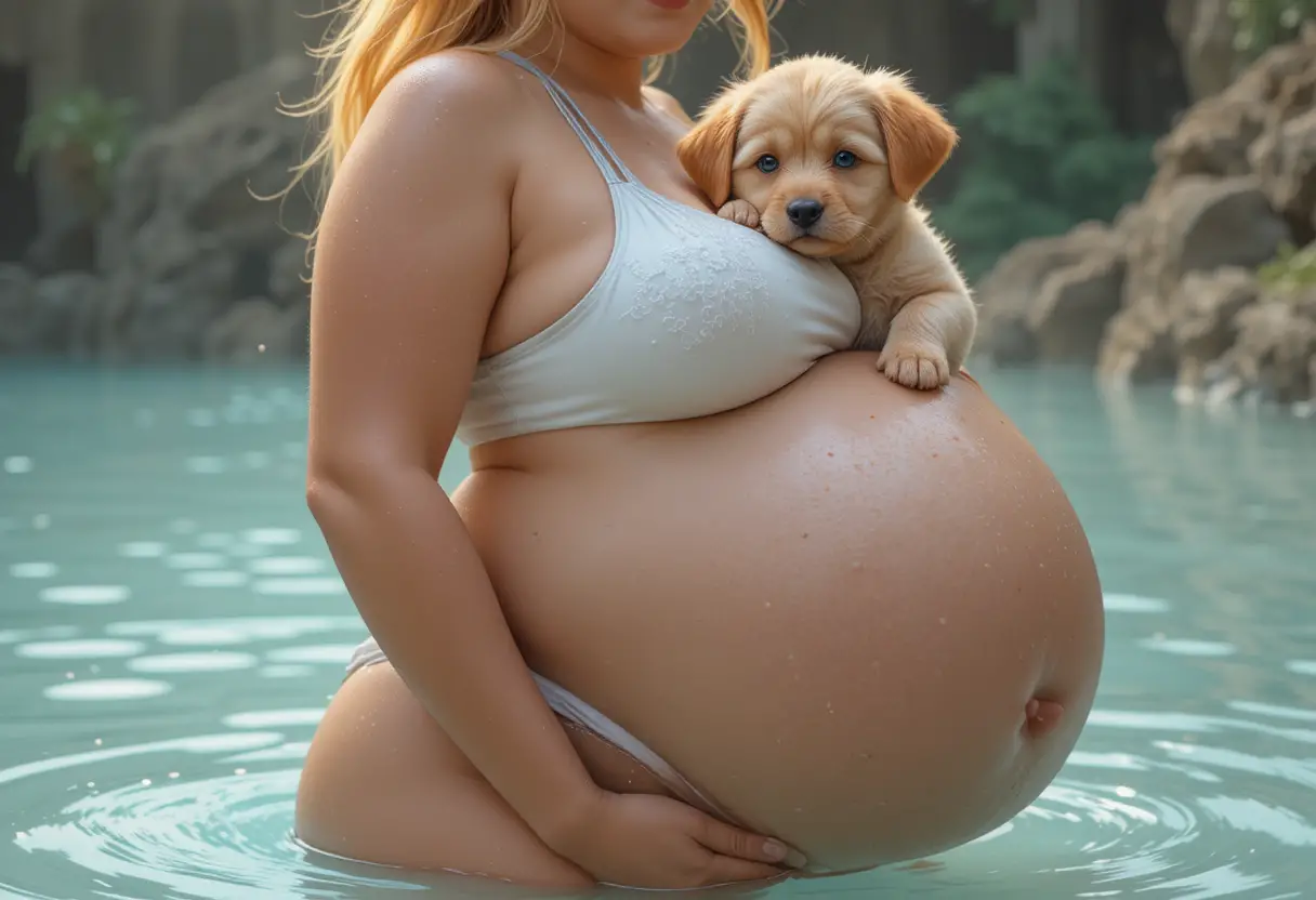 Pregnant woman in white bikini holding puppy at hot spring