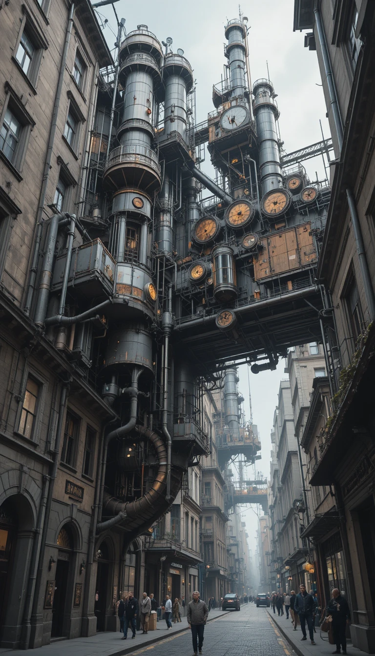 Steampunk city architecture fused with mechanical structures