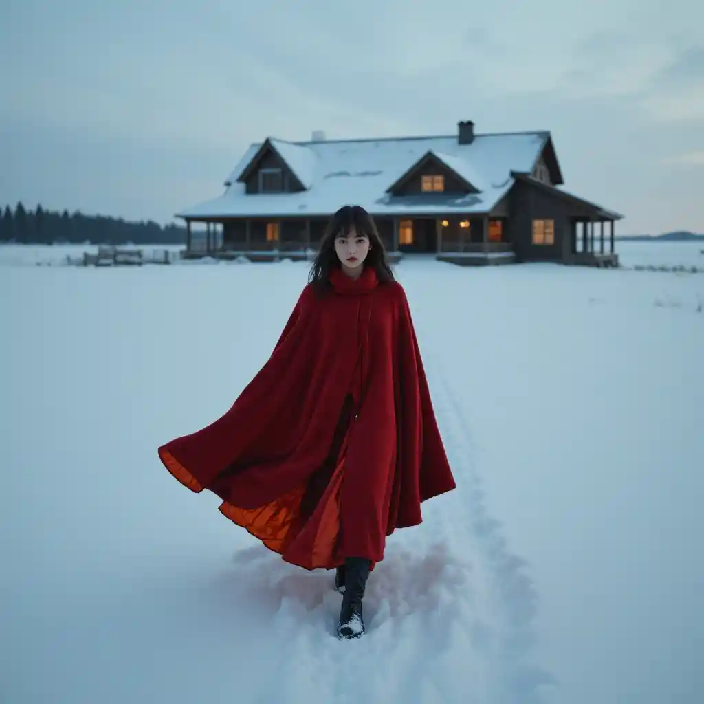 Joven con capa roja caminando por un rancho nevado al anochecer