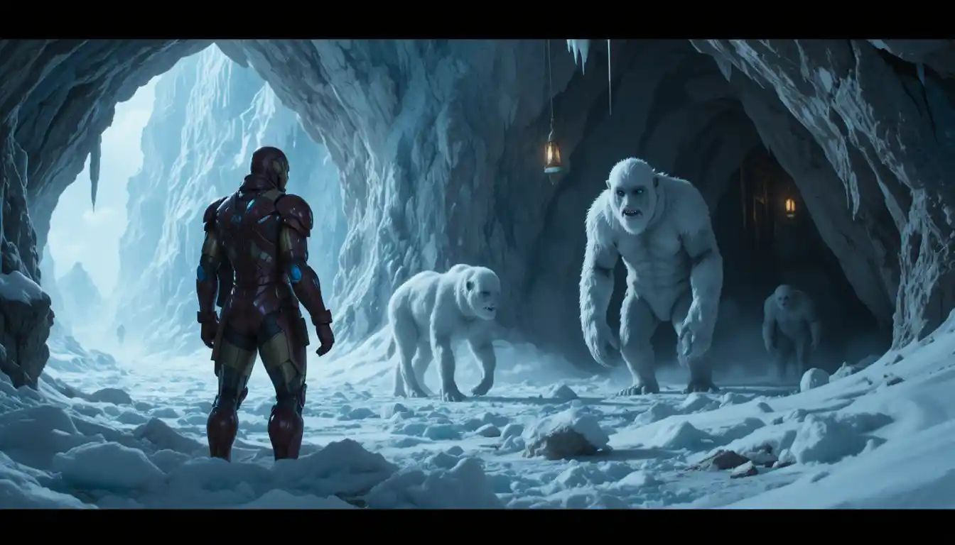 Eroe corazzato di fronte agli yeti all’ingresso di una grotta di ghiaccio