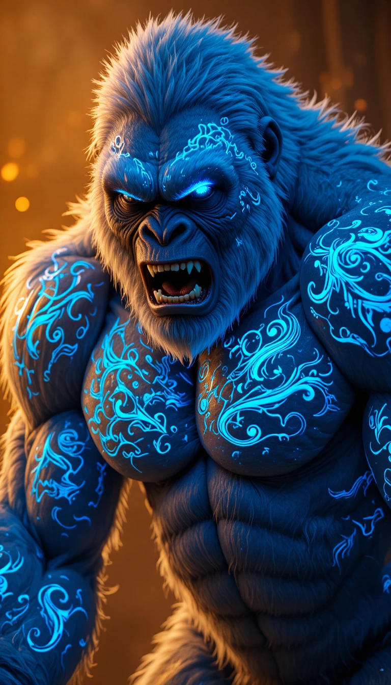 Weißer Gorilla-Krieger mit leuchtend blauen Tribal-Fellmustern