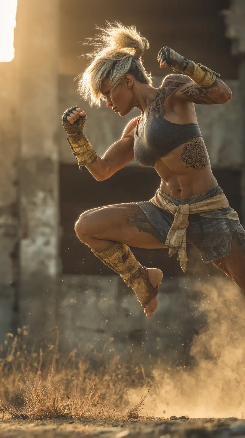 Female warrior throwing a powerful uppercut at sunset