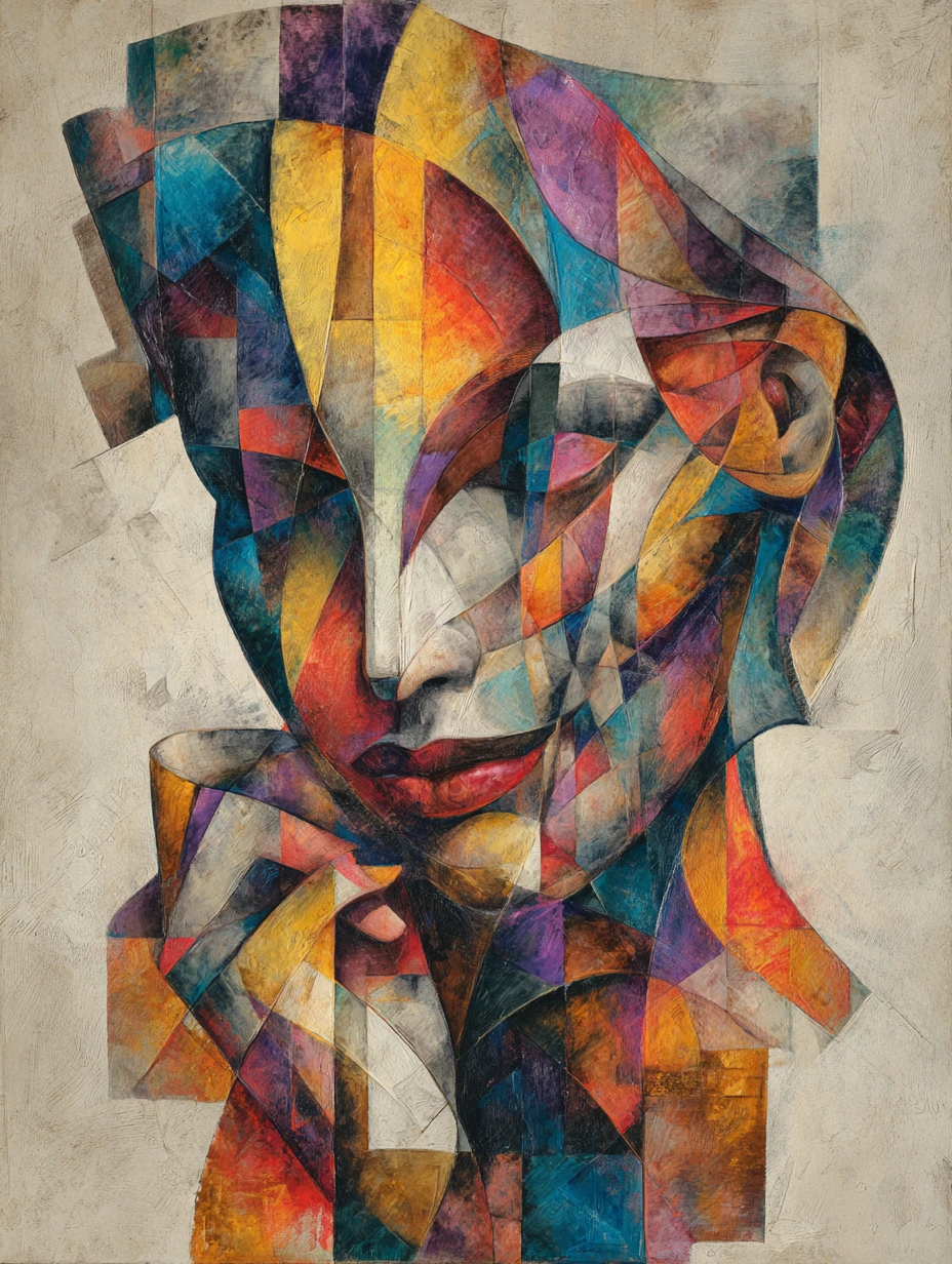 Cubist inspired abstract woman fragmented in vibrant color