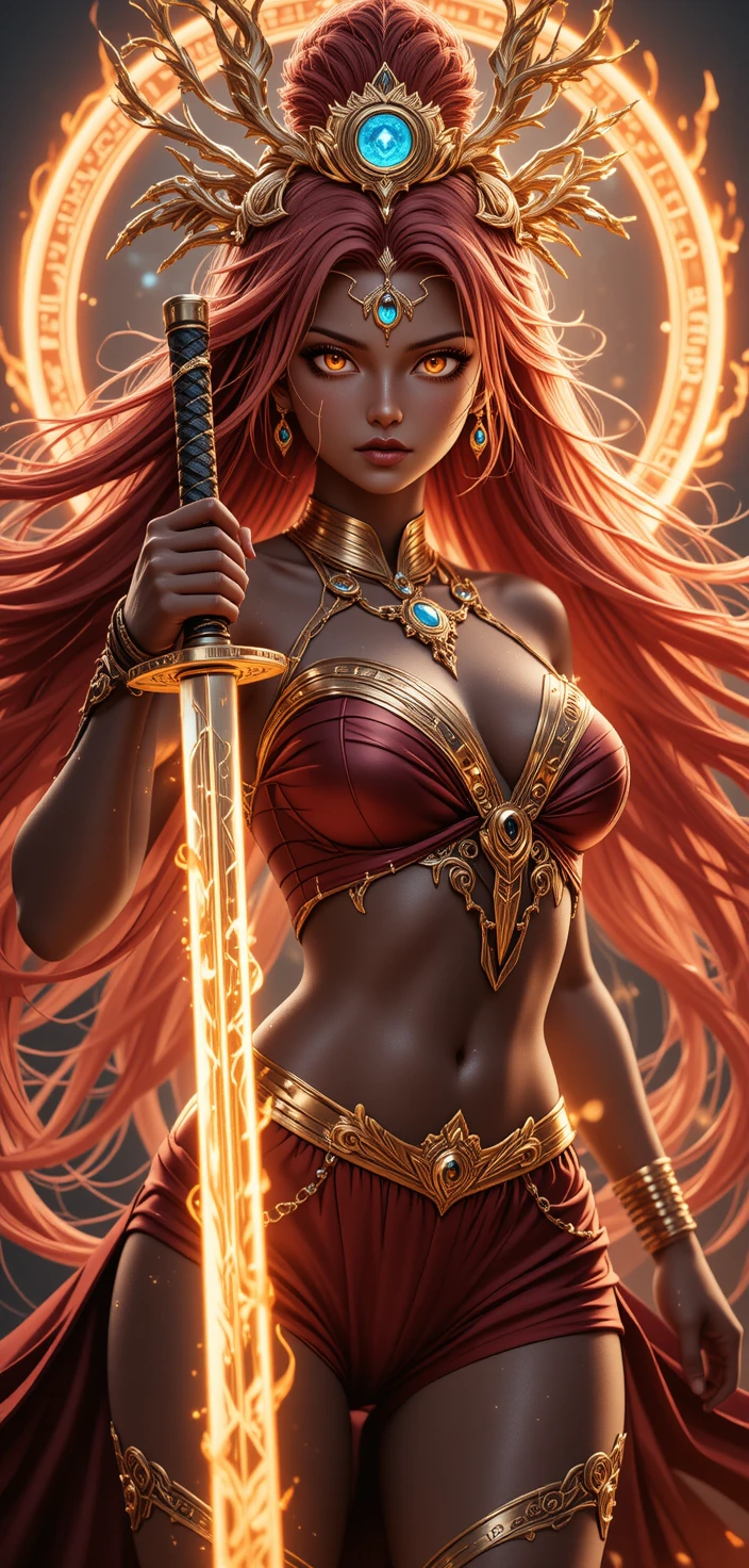 Anime warrior woman with glowing katana in battle stance