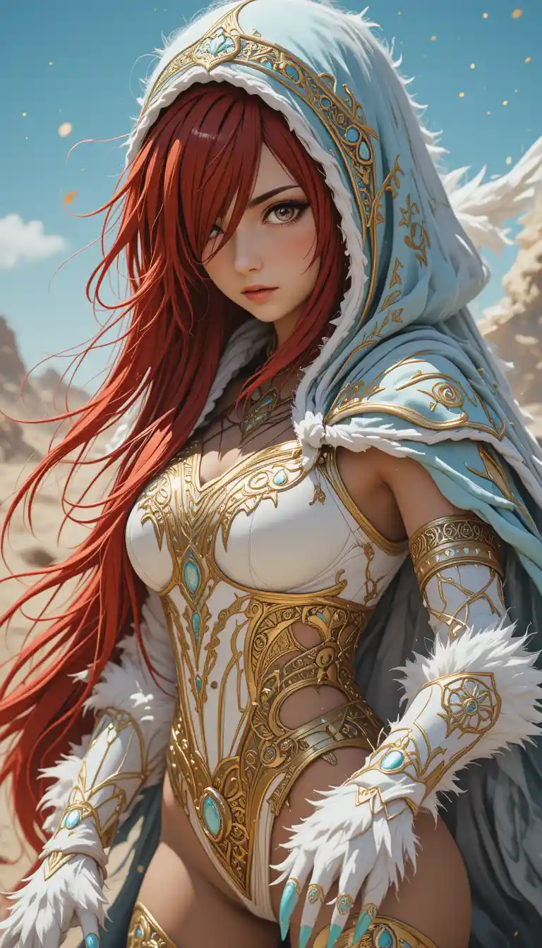 Guerriera anime con rune e fluenti capelli cremisi