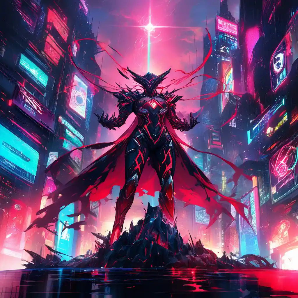 Cyberpunk blood mage in neon city street at night