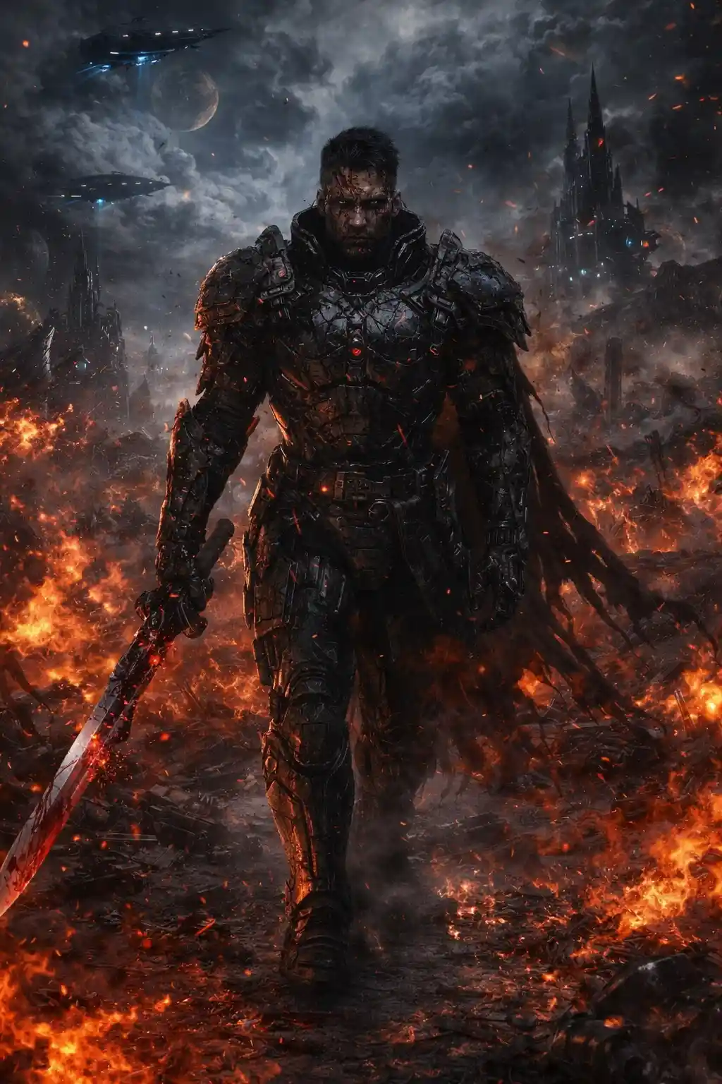 Armored warrior walking through a burning war torn battlefield