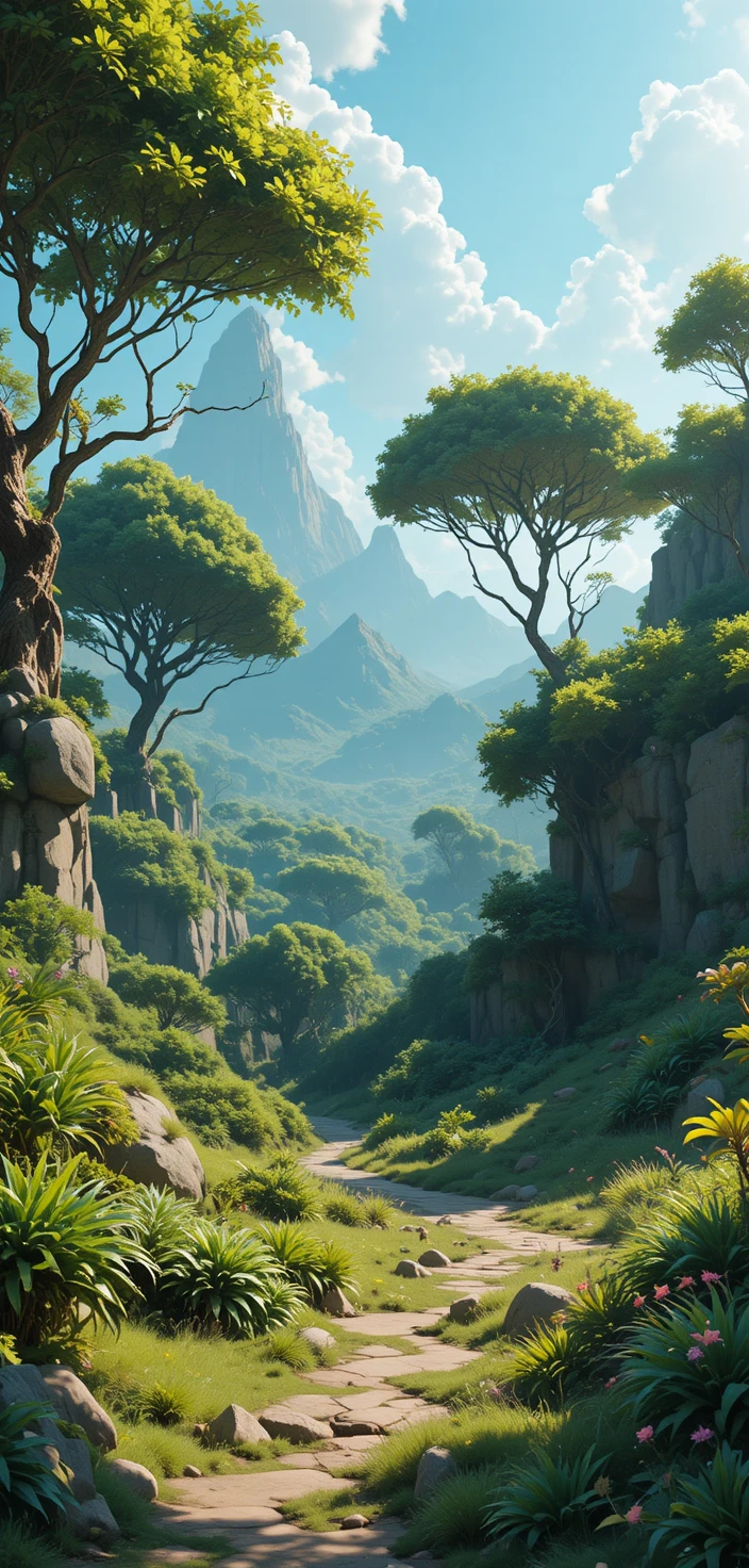 Paysage de prairie fantastique avec de petites créatures végétales