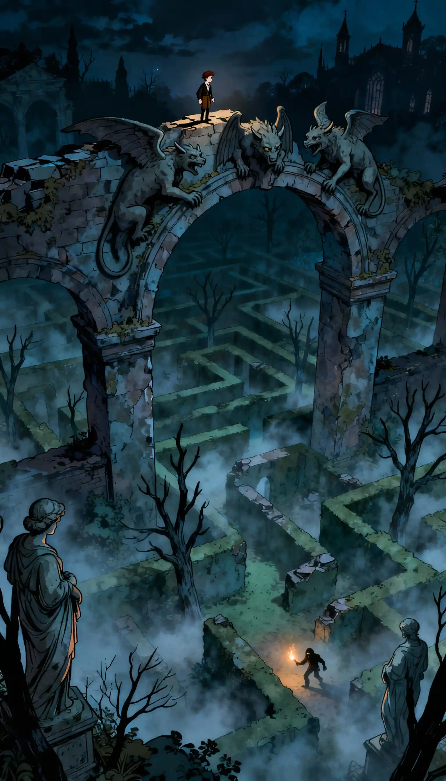 Victorian heroine hiding above a gothic night garden