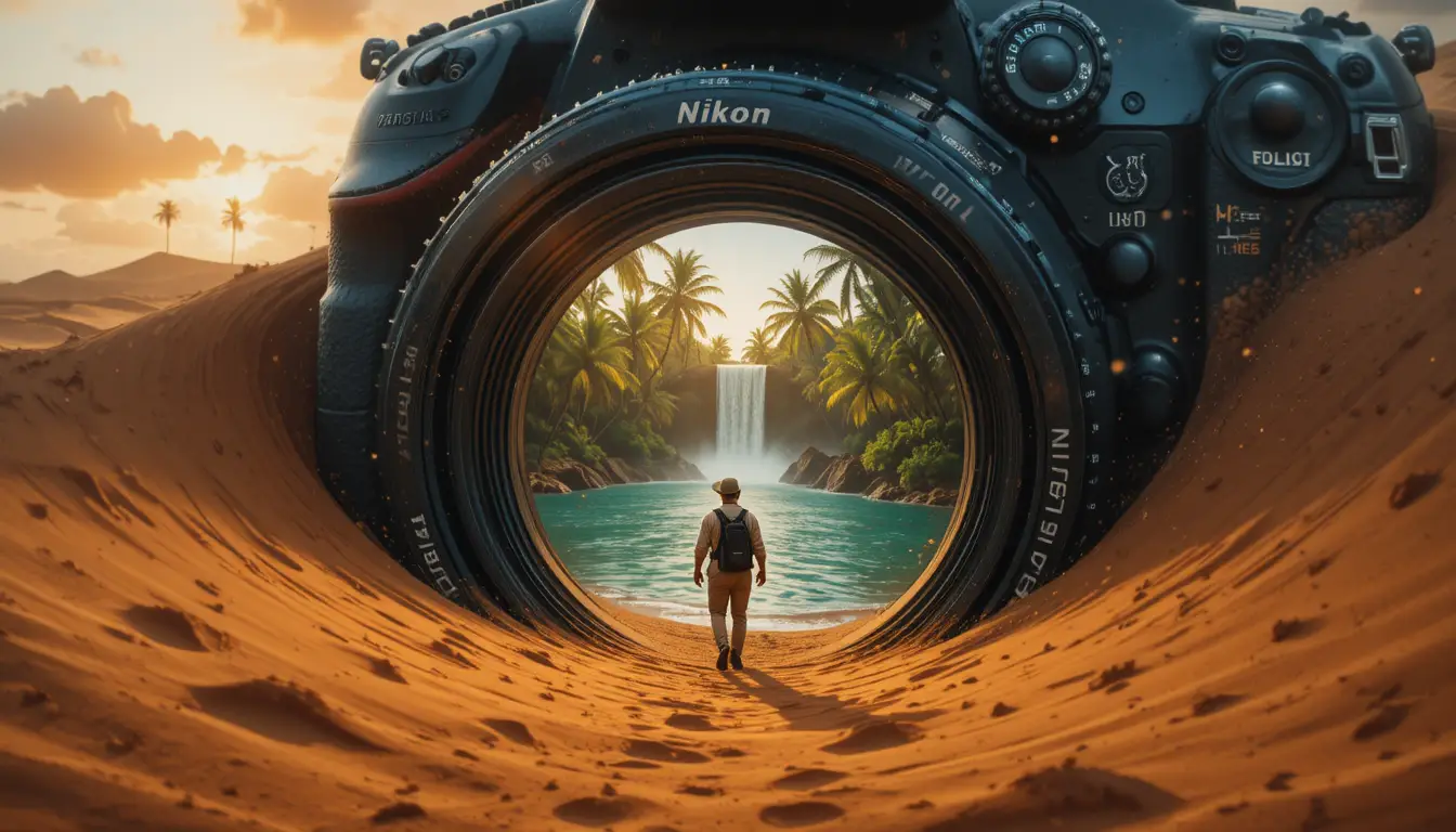 Gigantic camera rising from golden desert dunes at sunset