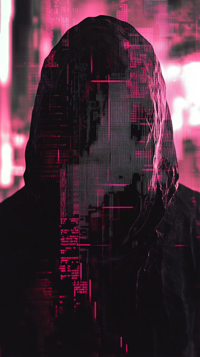 Figura incappucciata tra cascata di codice digitale e ombre al neon