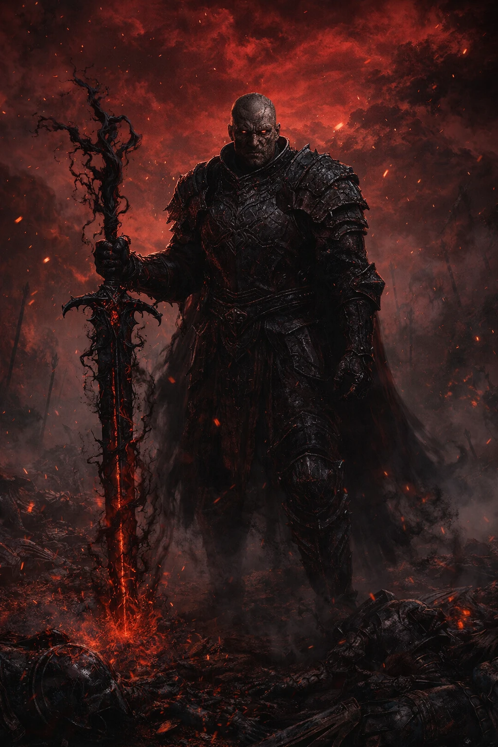 Lone dark warrior on a cursed battlefield under red sky