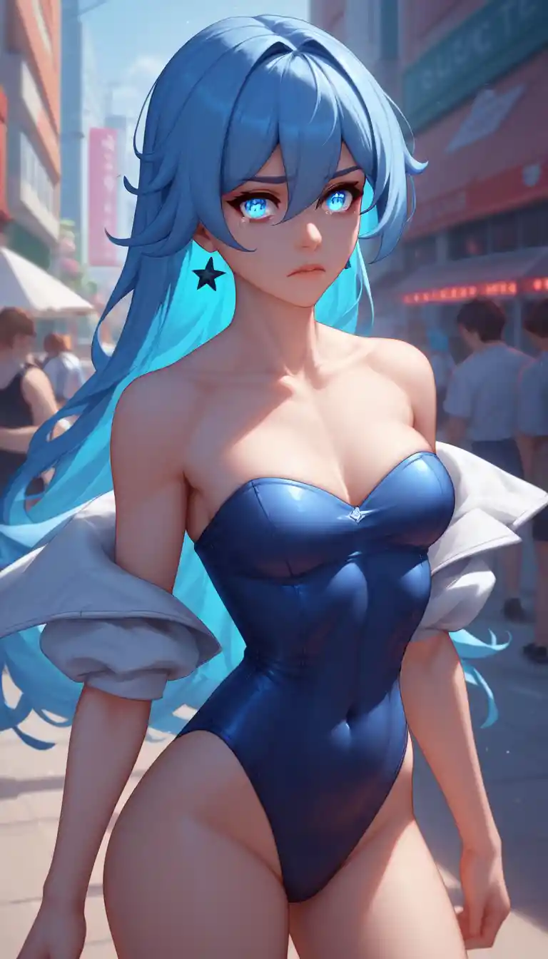 Blue haired anime girl in a school hallway swimsuit scene