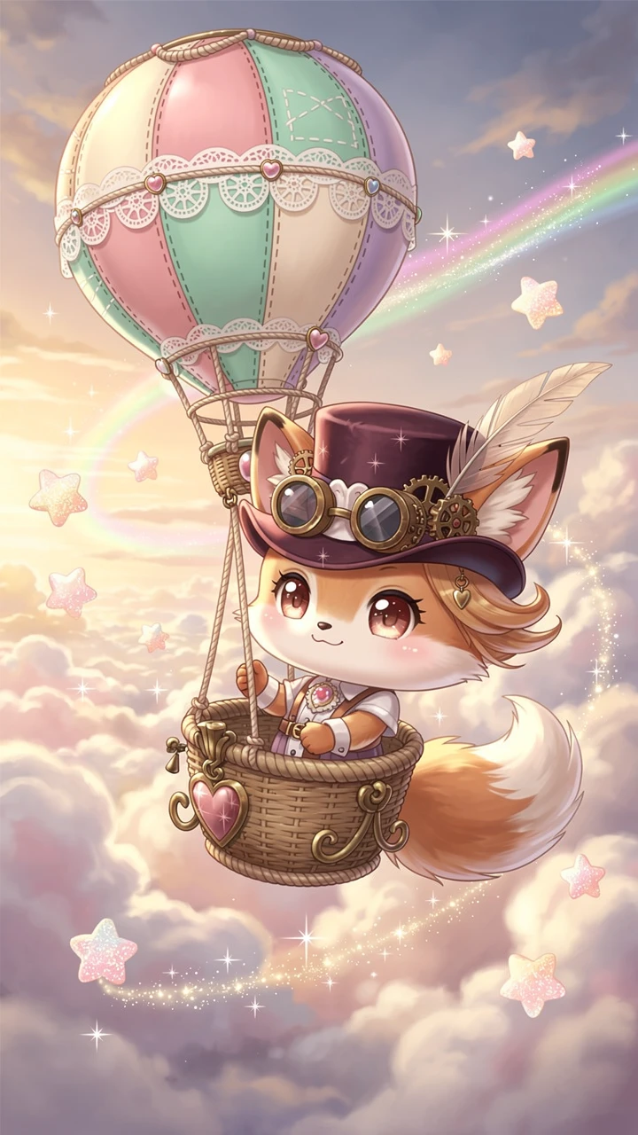 Adorable renard chibi volant dans une montgolfière steampunk pastel