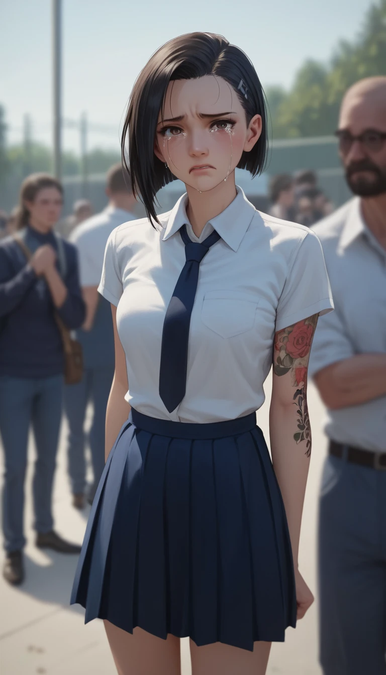 Young Japanese schoolgirl defying a stern authority figure